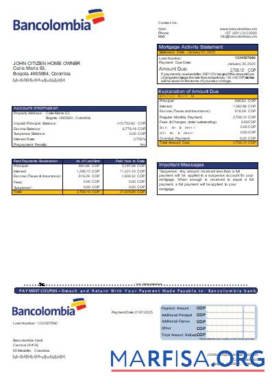 Printable Colombia Bancolombia bank mortgage statement scr download for verification